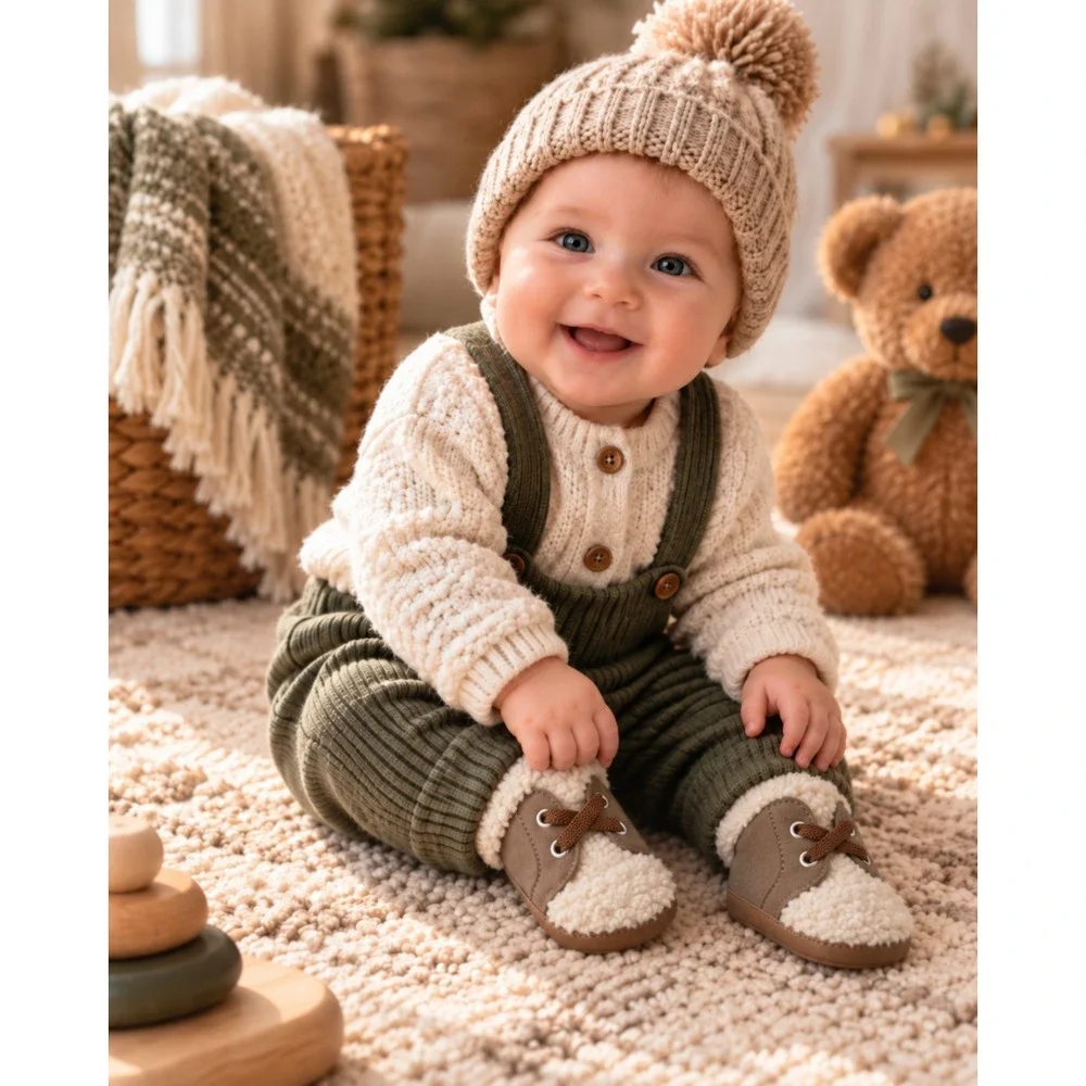 Target Baby Crib Shoes 3-6M Brown Faux Suede Sherpa Lace Up Booties